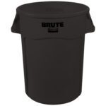 The Rubbermaid® Brute® Trash Can - 44 Gallon, Black boasts a round plastic build with two side handles for easy transport and BRUTE in bold on the front.