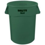 The Rubbermaid® Brute® Trash Can, 44-gallon and green, features round plastic construction with black Brute branding and side handles for easy lifting.