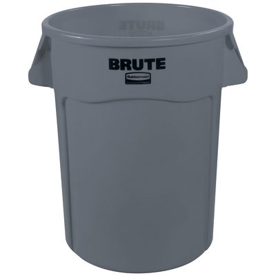 RUB344CGR.jpg A Rubbermaid® Brute® Trash Can - 44 Gallon, Gray features two molded handles and a sturdy cylindrical design against a white background.