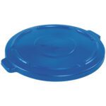 The Rubbermaid® Brute® Flat Trash Can Lid, suitable for a 44-gallon can, is blue and round with a smooth surface and small side handles for easy handling.