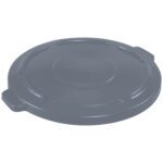 The Rubbermaid® Brute® Flat Trash Can Lid for a 44-gallon container is round, gray, and features two sturdy handles with a slightly raised center. It offers a smooth surface and subtle grooves for improved grip.