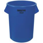 The blue, 55-gallon Rubbermaid® Brute® Trash Can features a cylindrical design with Brute branding, sturdy side handles for heavy-duty use, and a simple, practical style.