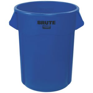 The blue, 55-gallon Rubbermaid® Brute® Trash Can features a cylindrical design with Brute branding, sturdy side handles for heavy-duty use, and a simple, practical style.