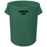The Rubbermaid® Brute® Trash Can - 55 Gallon, Green, is a sturdy cylindrical plastic waste container with Brute in black on the upper center and two side handles.
