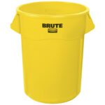 A yellow 55-gallon Rubbermaid® Brute® Trash Can with side handles is showcased against a white background, labeled BRUTE, and suited for heavy-duty waste management.