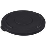 The Rubbermaid® Brute® Flat Trash Can Lid - 55 Gallon, Black, is a round plastic lid with an embossed logo and side handle, designed to fit securely on a container.