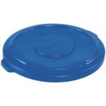 The Rubbermaid® Brute® Flat Trash Can Lid - 55 Gallon, Blue, has a round plastic design with a textured edge, ideal for securing your container. Its raised center and small handle allow easy opening.