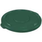 The Rubbermaid® Brute® Flat Trash Can Lid - 55 Gallon is dark green with a circular shape, raised ridges, and a small side handle. Its smooth design ensures it fits securely on the matching container.