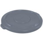 The Rubbermaid® Brute® Flat Trash Can Lid - 55 Gallon, Gray, offers a round design with a flat top, handle, embossed text, and reinforced edges for durability.