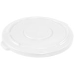 The Rubbermaid® Brute® Flat Trash Can Lid - 55 Gallon, White, has a circular design with a raised center and small handle for a secure grip.