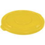 The Rubbermaid® Brute® Flat Trash Can Lid - 55 Gallon, Yellow is round with a handle and slightly raised center, fitting standard cylindrical containers.