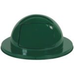 The Rubbermaid® Brute® Steel Dome Lid is a green lid with a square flap opening, designed for 55-gallon waste containers. Its glossy finish enhances durability and style in any setting.