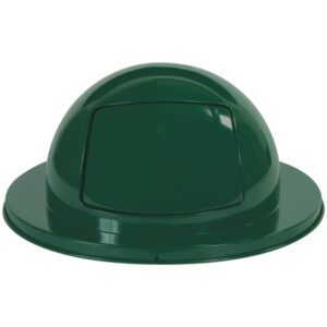 The Rubbermaid® Brute® Steel Dome Lid is a green lid with a square flap opening, designed for 55-gallon waste containers. Its glossy finish enhances durability and style in any setting.