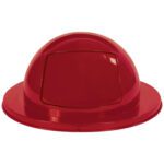 The Rubbermaid® Brute® Steel Dome Lid, in red and designed for a 55-gallon trash can, features a swing flap opening.