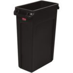 The Rubbermaid® Slim Jim® Trash Can - 23 Gallon, Black is a tall, rectangular black trash can with a smooth surface, side handles near the top, a slight rim overhang, and a front label for easy identification.