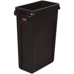 The Rubbermaid® Slim Jim® Trash Can - 23 Gallon, Black is a tall, rectangular black trash can with a smooth surface, side handles near the top, a slight rim overhang, and a front label for easy identification.