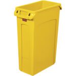 The Rubbermaid® Slim Jim® Trash Can is a 23-gallon tall, rectangular yellow bin with a narrow top opening, side handles, and a front label holder for easy identification.