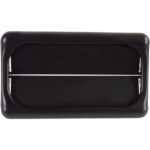 A black Rubbermaid® Slim Jim® Swing Top Lid - 23 Gallon features a sleek, rectangular design with a horizontal slit opening that complements any space.
