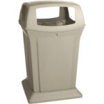 The Rubbermaid® Ranger® Trash Can - 45 Gallon, in beige, offers a sturdy base and large open lid for public spaces. Its smooth finish and 4-way access make it a stylish, practical choice for efficient waste management.