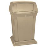 The Rubbermaid® Ranger® Trash Can - 45 Gallon is a beige square outdoor bin with a swinging lid, featuring smooth lines and a flat top for sleek design. Its 2-way access makes it ideal for public spaces or parks.