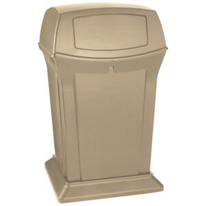 The Rubbermaid® Ranger® Trash Can - 45 Gallon is a beige square outdoor bin with a swinging lid, featuring smooth lines and a flat top for sleek design. Its 2-way access makes it ideal for public spaces or parks.
