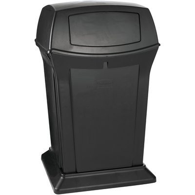 RUB435BL.jpg The Rubbermaid® Ranger® Trash Can - 45 Gallon, 2-Way, Black features a tall, sleek black design with a swing lid suitable for indoor and outdoor use. Its rectangular shape stands on a square base with a curved top, offering versatile waste disposal access.