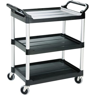 RUB440BL.jpg The Rubbermaid® Service Cart - 34 x 19 x 38, Black, includes three shelves, silver metal supports, dual-end handles, and four swivel wheels for easy movement and dependable service.