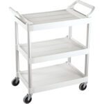 The Rubbermaid® Service Cart in white, measuring 34 x 19 x 38 inches, features three-tiered shelves, handles, and four swivel wheels for effortless mobility and efficient item transport.