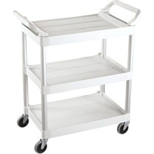 The Rubbermaid® Service Cart in white, measuring 34 x 19 x 38 inches, features three-tiered shelves, handles, and four swivel wheels for effortless mobility and efficient item transport.