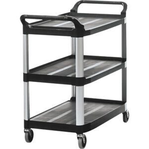 The Rubbermaid® Service Cart, 41 x 20 x 38, black, includes metal handles and four swivel casters for easy mobility. It features three flat shelves for versatile storage with a sleek black design.