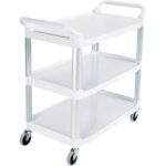 The Rubbermaid® Service Cart - 41 x 20 x 38 is a functional and stylish white cart with three tiers, sturdy wheels, and handles on both ends. Its rectangular shelves are supported by sleek silver vertical bars.
