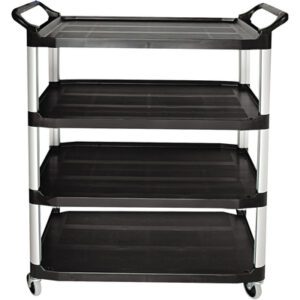 The Rubbermaid® Black Service Cart measures 41 x 20 x 51 and features a four-tier design with black shelves, white support columns, top handles, and wheels for easy mobility.