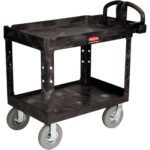 The Rubbermaid® Utility Cart - 44 x 25 x 37, in black, has two shelves, durable grey pneumatic wheels, a handle on one end, and a top shelf label for efficient item transport.