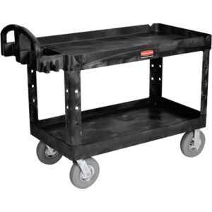 The Rubbermaid® Utility Cart, 54 x 25 x 37, features two shelves, a handle, recessed top shelf, and four pneumatic wheels. Crafted from durable material, it ensures easy transport and is ideal for industrial use.
