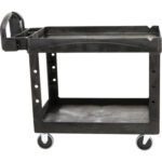 The Rubbermaid® Utility Cart - 44 x 25 x 33 boasts a sleek black look with two spacious shelves, a convenient handle, sturdy wheels, side compartments for small items, and an open design for easy access—all elegantly shown against a white backdrop.