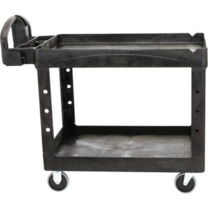 The Rubbermaid® Utility Cart - 44 x 25 x 33 boasts a sleek black look with two spacious shelves, a convenient handle, sturdy wheels, side compartments for small items, and an open design for easy access—all elegantly shown against a white backdrop.