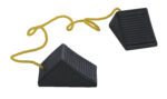 The Vestil Rubber Wheel Chock Rope 5 In Width features a ribbed triangular design and is connected by a yellow rope, ensuring vehicles remain stable. These chocks, essential for safety, are set against a plain white background and measure 5 inches wide each.