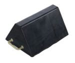 The 16 Vestil Jumbo Molded Rubber Wheel Chock features a triangular shape and side handle, expertly designed to prevent vehicle movement by securely fitting under a wheel.