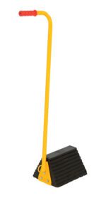 A black, ribbed doorstop features a yellow handle with a red grip, similar to the Vestil Rubber Wheel Chock-Handle 9.25 In Width, positioned vertically.
