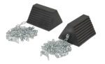 The Vestil Rubber Wheel Chock Chain Hanger 9.25 In features pyramid-shaped rubber chocks with ridged surfaces and flat tops to prevent vehicle movement, linked by metal chains and sturdy 9.25-inch chain hangers with metal brackets for secure fastening.