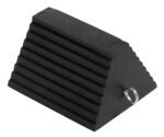 The Vestil Rubber Wheel Chock-Eye Bolt 9.50 In has a sturdy trapezoidal design, horizontal ridges, and a metal eye bolt on one side, providing reliable stability and safety.
