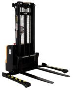 The Vestil Stacker Dbl Mast 101 In Adjustable 2.2K features a black and yellow design, dual masts extending to 101 inches, extended forks, and a vertical lifting mechanism, offering safety labels and an adjustable handle for efficient pallet transport up to 2.2K.