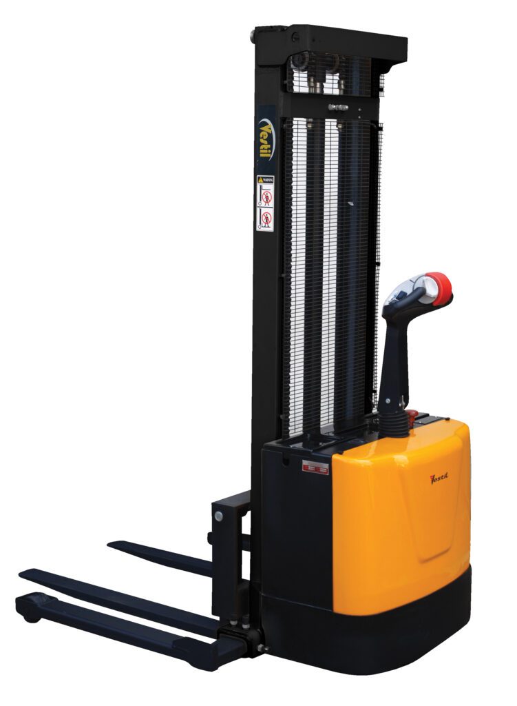 The Vestil Adjust Powered Lift Stacker 118In Raised has a black mast, yellow body, two metal forks, and a red-handled control lever, ideal for maneuvering pallets efficiently in warehouses or storage facilities.