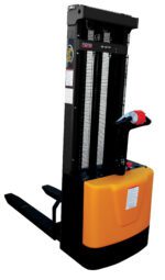 The Vestil Fixed Powered Lift Stacker 118 In Raised, featuring a black and orange design, comes with a control handle, lifting forks, and chain-equipped mast that elevates up to 118 inches. Its ideal for efficient pallet and goods movement in warehouses.