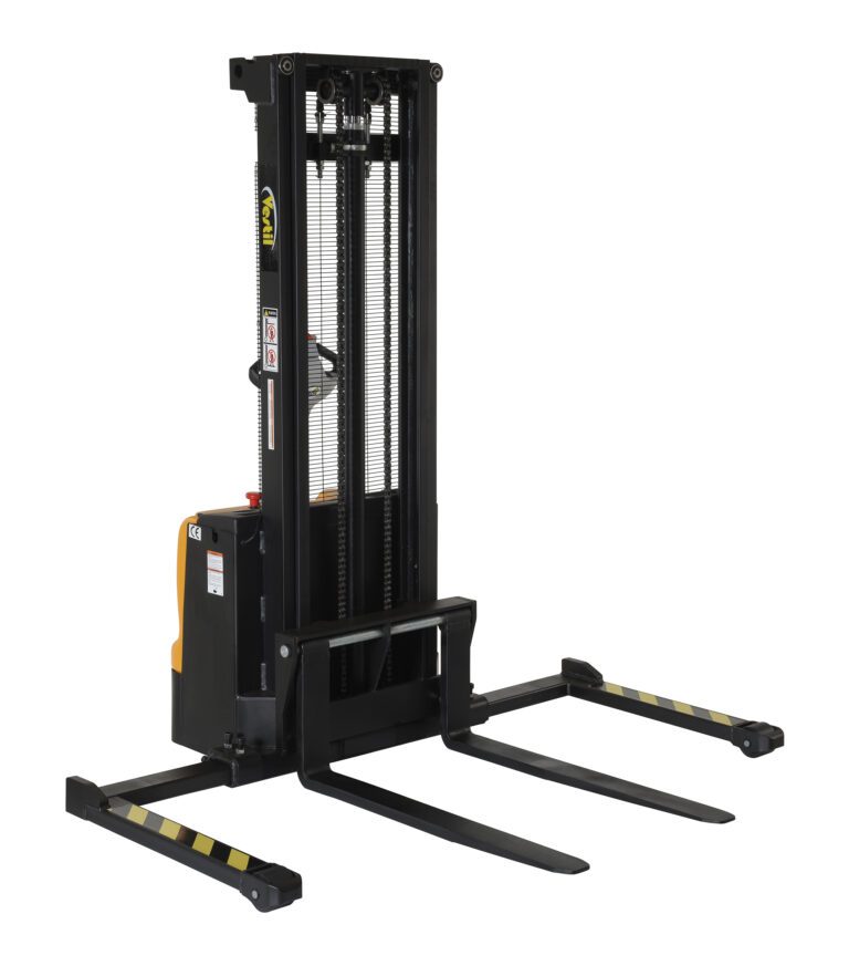 S-125-AA-DM_A.jpg The black Vestil Stacker Dbl Mast 125 In Adjustable 2.2K is a manual forklift with two extended forks for lifting pallets, featuring an upright frame with visible chains and gears and a wide base for excellent stability during operations.