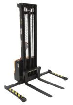 The Vestil Stacker Dbl Mast 150 In Adjustable 2.2K boasts a black and yellow design, dual forks for pallet lifting, vertical support bars, and an easily accessible control panel for smooth operation.