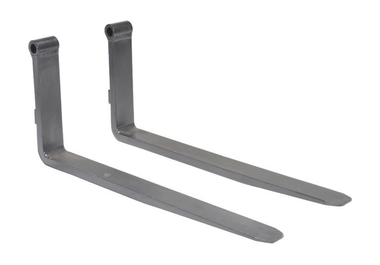 Two metallic forklift forks, like the Vestil Optional 42 Long Forks, lie side by side on a white background. They have a flat, elongated shape with top mounting hooks for easy attachment to a forklift mast.
