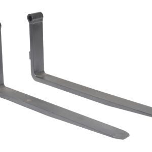 Two metallic forklift forks, like the Vestil Optional 42 Long Forks, lie side by side on a white background. They have a flat, elongated shape with top mounting hooks for easy attachment to a forklift mast.