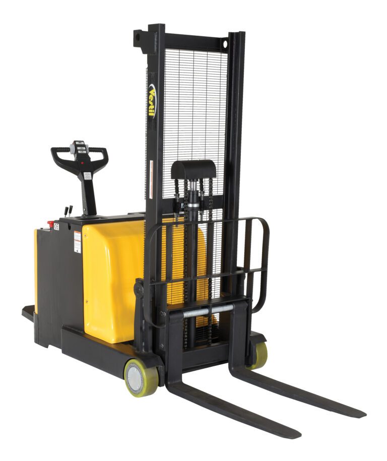 S-2CB-62_A.jpg The Vestil Counter Balanced Powered Lift 2 To 62 In features a yellow and black design with a control handle, safety grid, and dual forks for effortless pallet lifting from 2 to 62 inches.