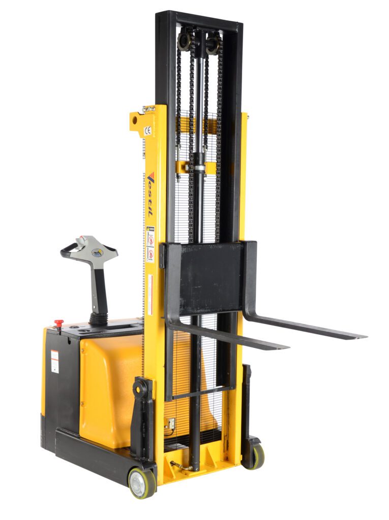 The Vestil Counter Balanced Powered Lift 2 To 118 is a yellow electric pallet stacker with a left-side control handle, elevated forks, and dual front wheels. Its vertical lift design offers industrial efficiency for material handling.